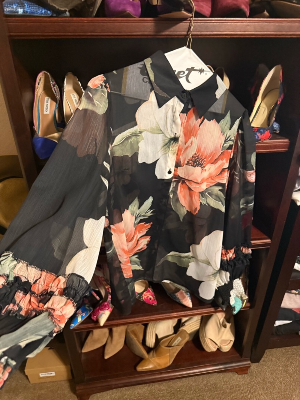 SHEIN Black Floral Sheer Long Sleeve Blouse
